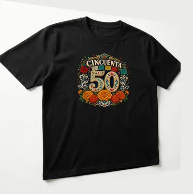 Vibrant floral design with CINCQUENTA 50 text for celebration — printed on a unisex t-shirt (angled view)