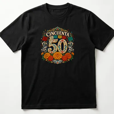 Vibrant floral design with CINCQUENTA 50 text for celebration