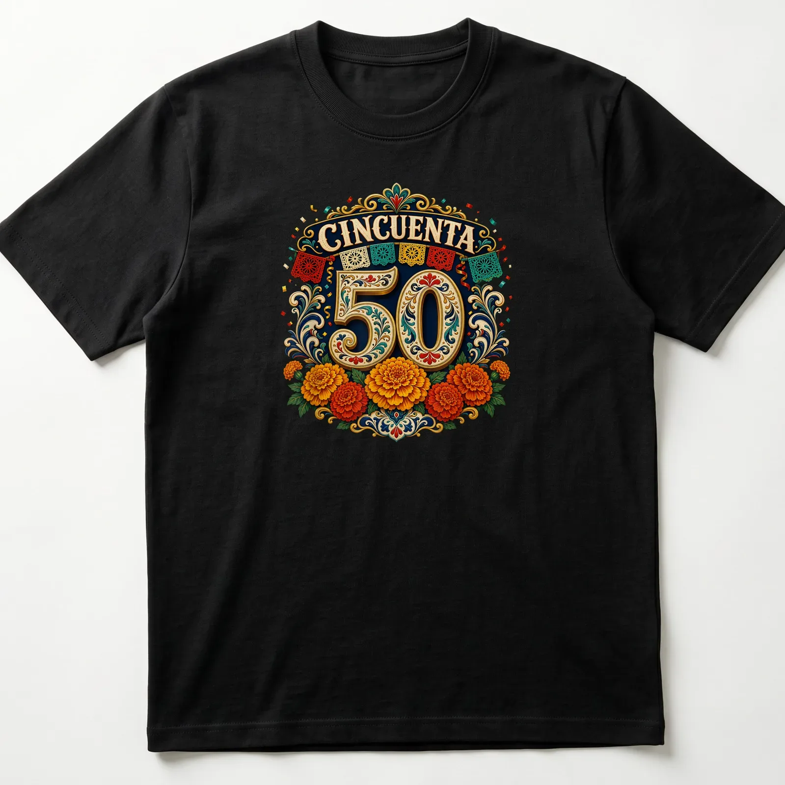 Vibrant floral design with CINCQUENTA 50 text for celebration — printed on a unisex t-shirt