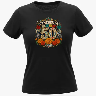 Vibrant floral design with CINCQUENTA 50 text for celebration — printed on a women's shirt