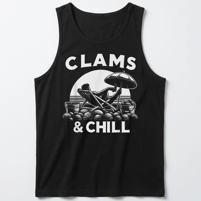 Playful design featuring a person relaxing on the beach with clams and text CLAMS & CHILL — printed on a tank top