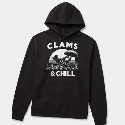 Playful design featuring a person relaxing on the beach with clams and text CLAMS & CHILL — printed on a unisex hoodie