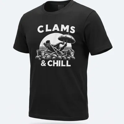 Playful design featuring a person relaxing on the beach with clams and text CLAMS & CHILL