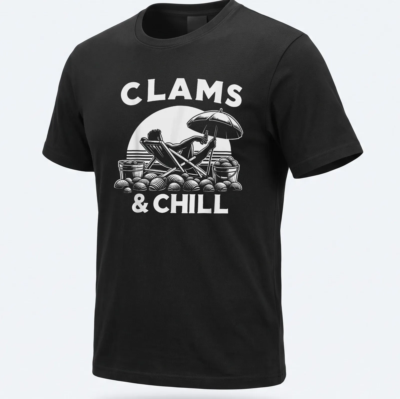 Playful design featuring a person relaxing on the beach with clams and text CLAMS & CHILL — printed on a unisex t-shirt
