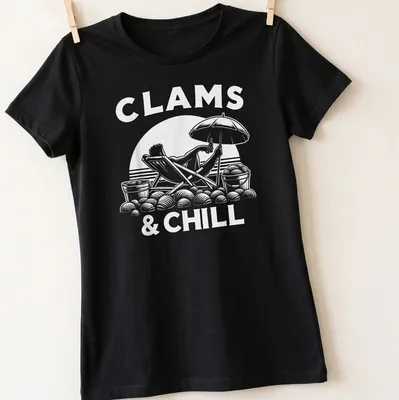 Playful design featuring a person relaxing on the beach with clams and text CLAMS & CHILL — printed on a women's shirt