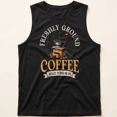 Coffee-themed vintage t-shirt featuring a humorous coffee grinder illustration — printed on a tank top