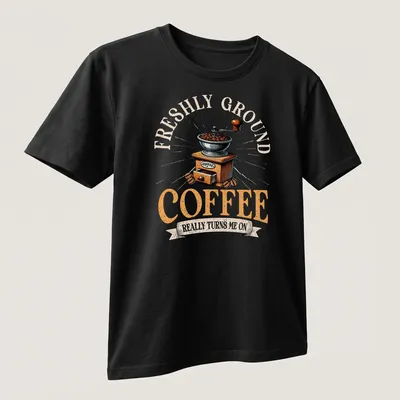 Coffee-themed vintage t-shirt featuring a humorous coffee grinder illustration — printed on a unisex t-shirt (angled view)