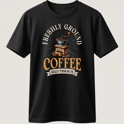 Coffee-themed vintage t-shirt featuring a humorous coffee grinder illustration