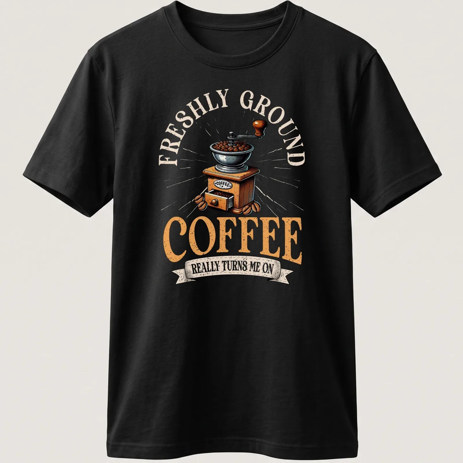 Coffee-themed vintage t-shirt featuring a humorous coffee grinder illustration — printed on a unisex t-shirt