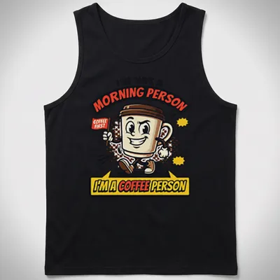 Cartoon coffee cup with the phrase I'm Not A Morning Person I'm A Coffee Person — printed on a tank top