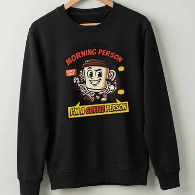 Cartoon coffee cup with the phrase I'm Not A Morning Person I'm A Coffee Person — printed on a unisex sweatshirt