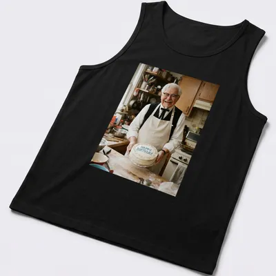 Photographic print of Colonel Sanders with a birthday cake and 'Happy Birthday' text — printed on a tank top