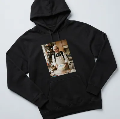 Photographic print of Colonel Sanders with a birthday cake and 'Happy Birthday' text — printed on a unisex hoodie