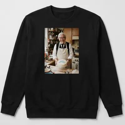 Photographic print of Colonel Sanders with a birthday cake and 'Happy Birthday' text — printed on a unisex sweatshirt