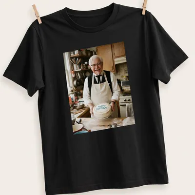 Photographic print of Colonel Sanders with a birthday cake and 'Happy Birthday' text