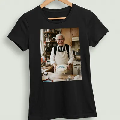 Photographic print of Colonel Sanders with a birthday cake and 'Happy Birthday' text — printed on a women's shirt