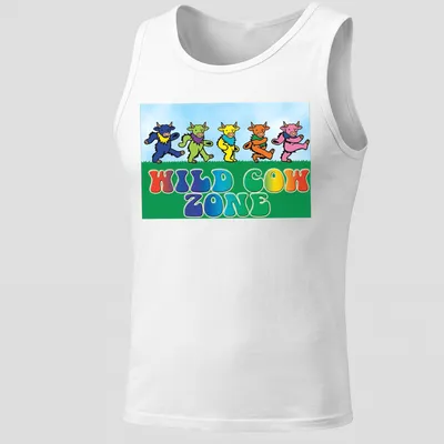 Cartoonish colorful cows dancing with text 'WILD COW ZONE' — printed on a tank top