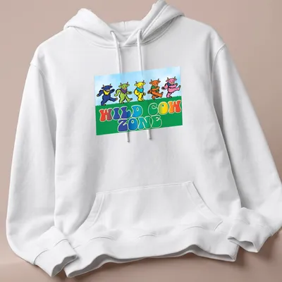 Cartoonish colorful cows dancing with text 'WILD COW ZONE' — printed on a unisex hoodie