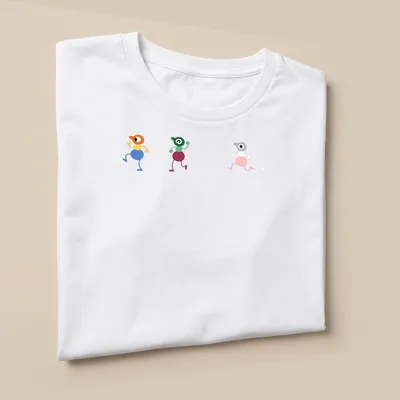 Colorful cartoon characters walking with 'Big Walk' text on vibrant — printed on a unisex t-shirt (angled view)