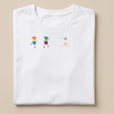 Colorful cartoon characters walking with 'Big Walk' text on vibrant t-shirt