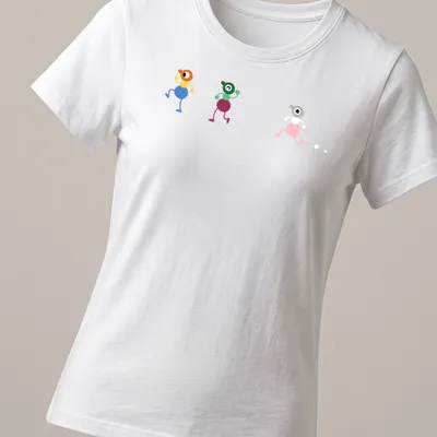 Colorful cartoon characters walking with 'Big Walk' text on vibrant — printed on a women's shirt