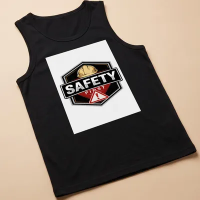Bold graphic tee featuring a construction safety helmet with 'SAFETY FIRST' text. — printed on a tank top