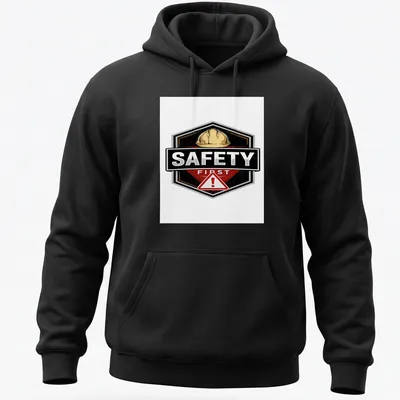 Bold graphic tee featuring a construction safety helmet with 'SAFETY FIRST' text. — printed on a unisex hoodie