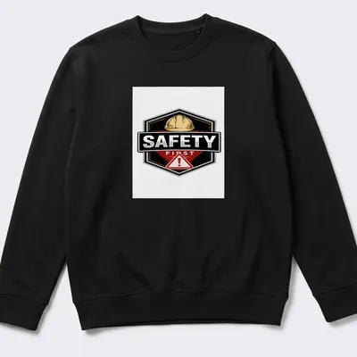 Bold graphic tee featuring a construction safety helmet with 'SAFETY FIRST' text. — printed on a unisex sweatshirt