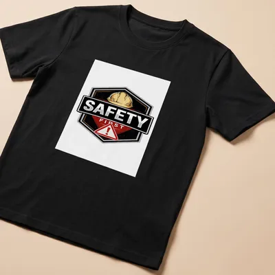 Bold graphic tee featuring a construction safety helmet with 'SAFETY FIRST' text.