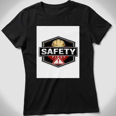 Bold graphic tee featuring a construction safety helmet with 'SAFETY FIRST' text. — printed on a women's shirt