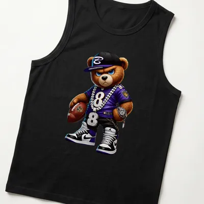 Cartoon bear in hip hop style on a t-shirt with purple, black, white, and gold. — printed on a tank top
