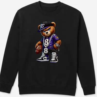 Cartoon bear in hip hop style on a t-shirt with purple, black, white, and gold. — printed on a unisex sweatshirt