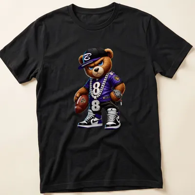 Cartoon bear in hip hop style on a t-shirt with purple, black, white, and gold.
