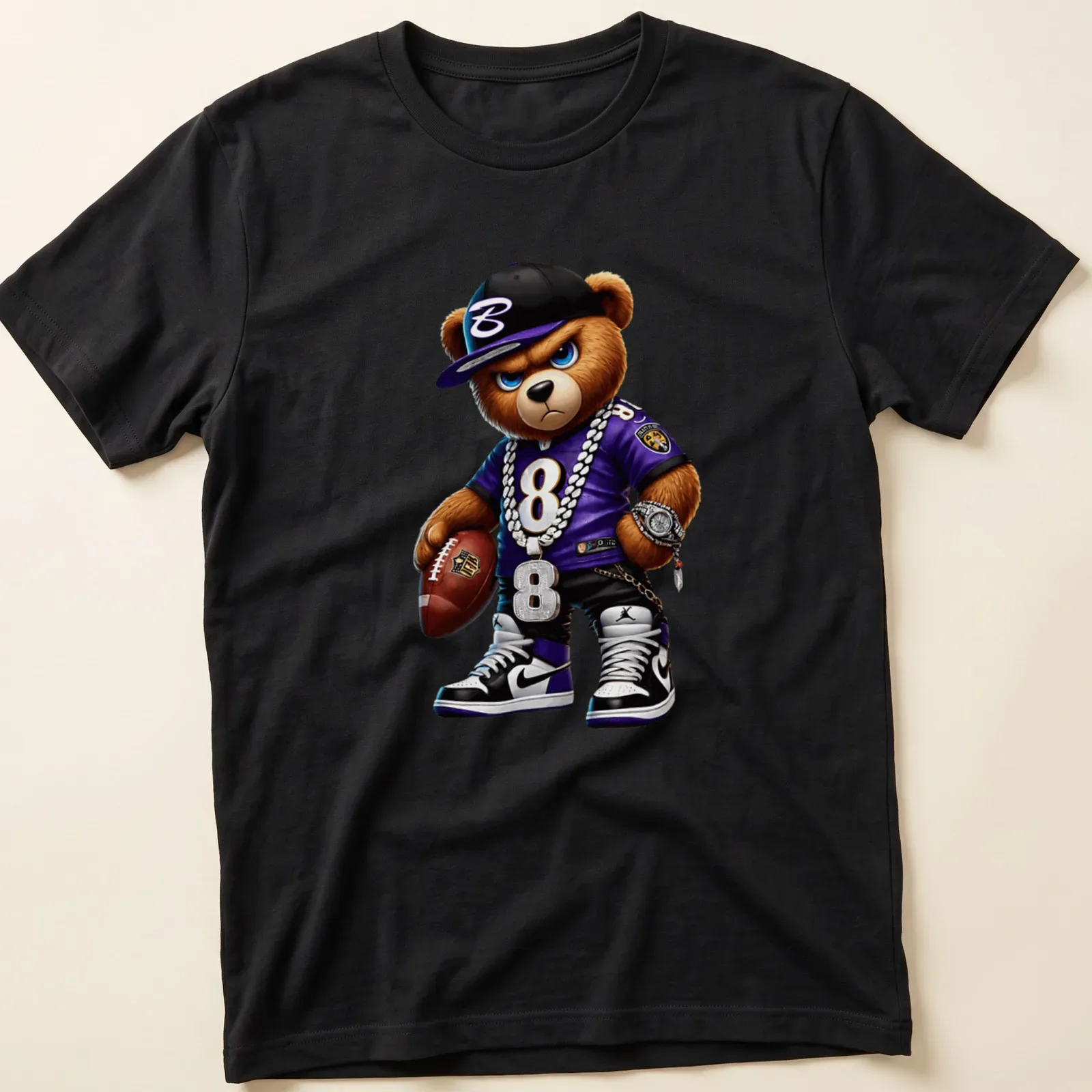 Cartoon bear in hip hop style on a t-shirt with purple, black, white, and gold. — printed on a unisex t-shirt