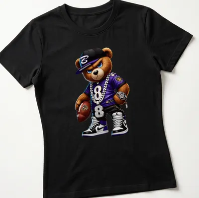 Cartoon bear in hip hop style on a t-shirt with purple, black, white, and gold. — printed on a women's shirt