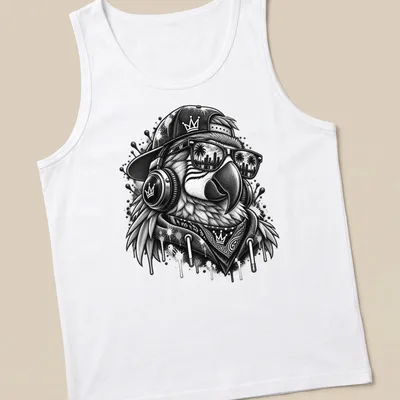 DJ parrot in sunglasses illustrated in graffiti art style on a — printed on a tank top