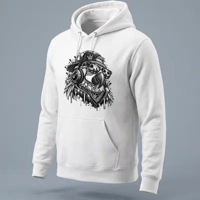DJ parrot in sunglasses illustrated in graffiti art style on a — printed on a unisex hoodie