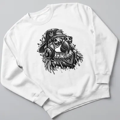 DJ parrot in sunglasses illustrated in graffiti art style on a — printed on a unisex sweatshirt