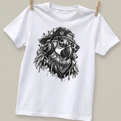 DJ parrot in sunglasses illustrated in graffiti art style on a T-shirt