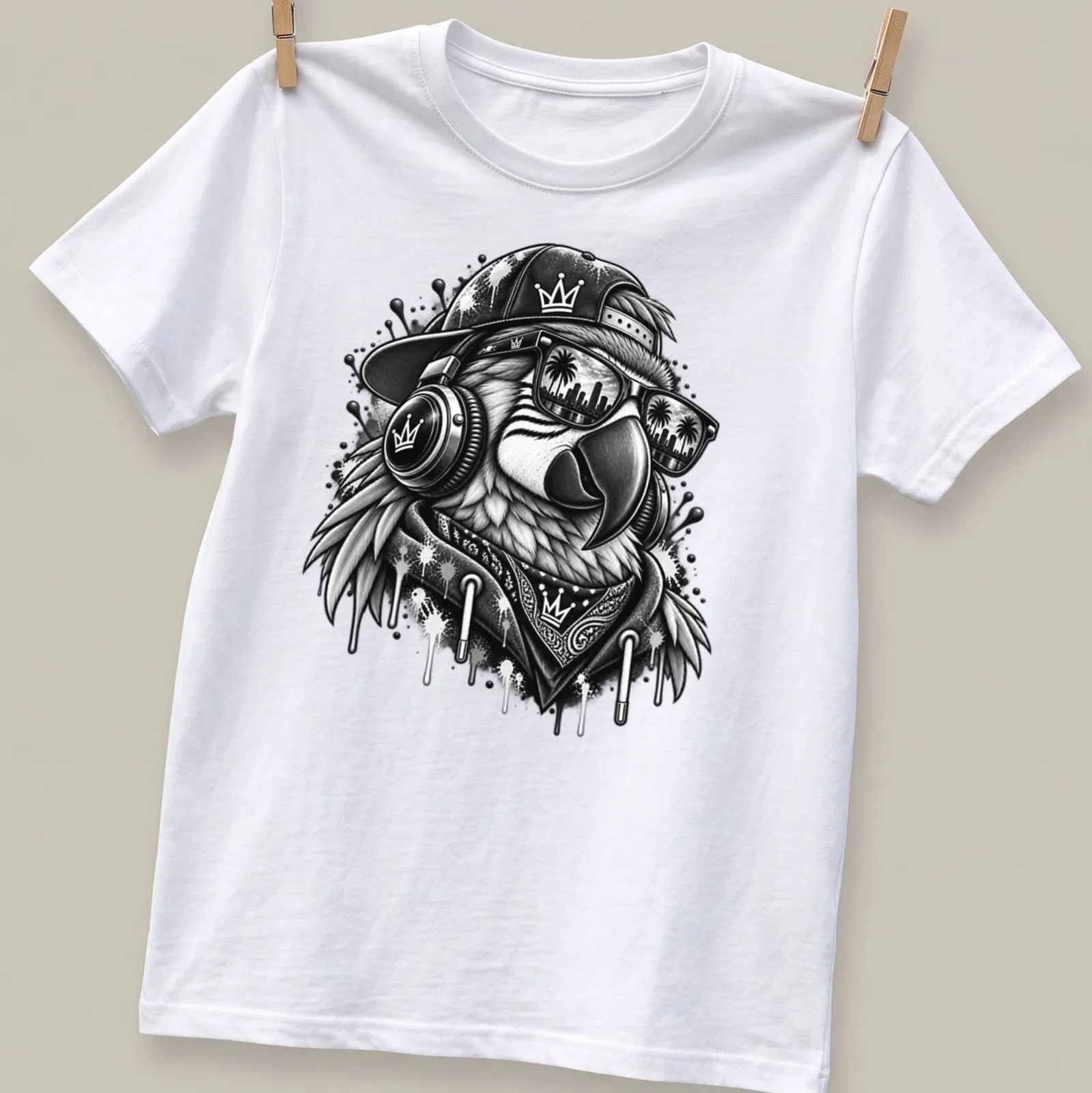 DJ parrot in sunglasses illustrated in graffiti art style on a — printed on a unisex t-shirt