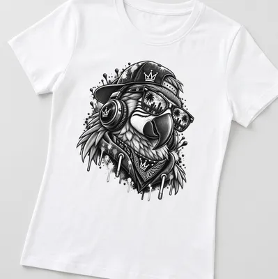 DJ parrot in sunglasses illustrated in graffiti art style on a — printed on a women's shirt