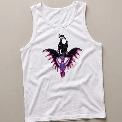 Fantasy illustration of a cosmic winged goddess with starry night hair — printed on a tank top