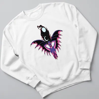 Fantasy illustration of a cosmic winged goddess with starry night hair — printed on a unisex sweatshirt