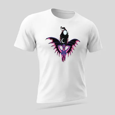 Fantasy illustration of a cosmic winged goddess with starry night hair — printed on a unisex t-shirt (angled view)