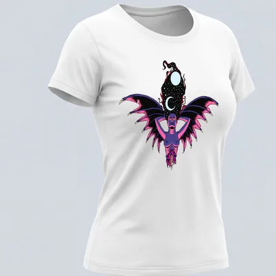 Fantasy illustration of a cosmic winged goddess with starry night hair — printed on a women's shirt