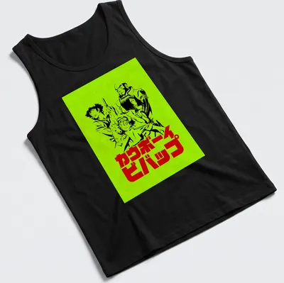 Retro Anime T-shirt featuring Cowboy Bebop crew in lime green, black, and red — printed on a tank top
