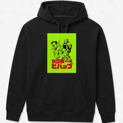 Retro Anime T-shirt featuring Cowboy Bebop crew in lime green, black, and red — printed on a unisex hoodie