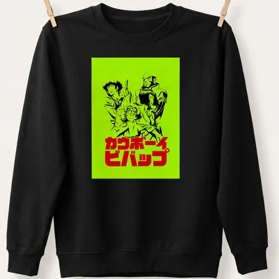 Retro Anime T-shirt featuring Cowboy Bebop crew in lime green, black, and red — printed on a unisex sweatshirt