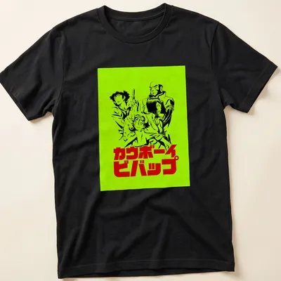 Retro Anime T-shirt featuring Cowboy Bebop crew in lime green, black, and red