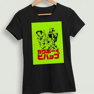 Retro Anime T-shirt featuring Cowboy Bebop crew in lime green, black, and red — printed on a women's shirt